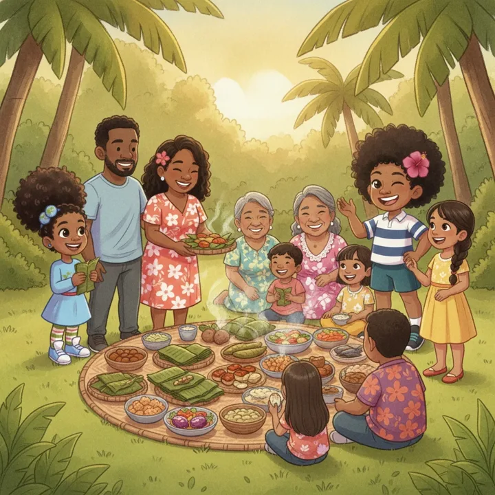In the story, the whole family and the neighbours sit around a woven mat on the grass, with bowls and leaf parcels, as the lovo is shared.