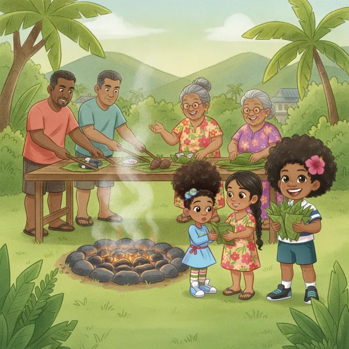In the story, the family wraps fish and vegetables in big green leaves while the uncles set the stones glowing in the pit.