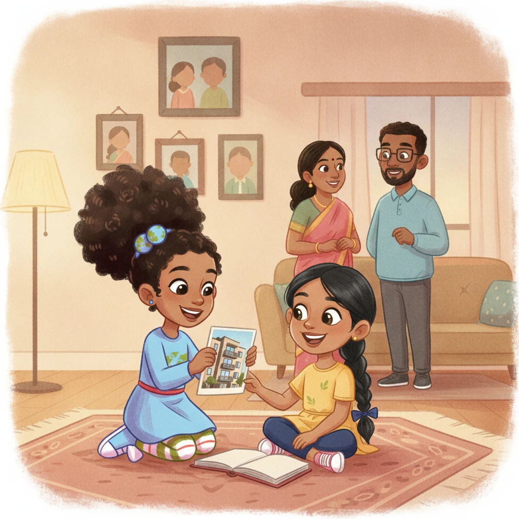 Ananya and Alexandria hold the new photograph at home with the family.