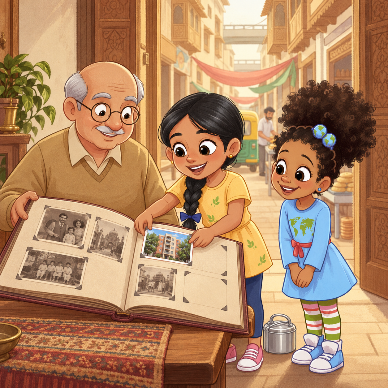 Ananya places a new photograph beside older family pictures while her grandfather holds the album and Alexandria watches.