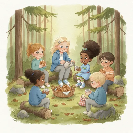 In the story, Astrid pours milk while the class shares cinnamon buns on mossy logs, with the basket in the middle.